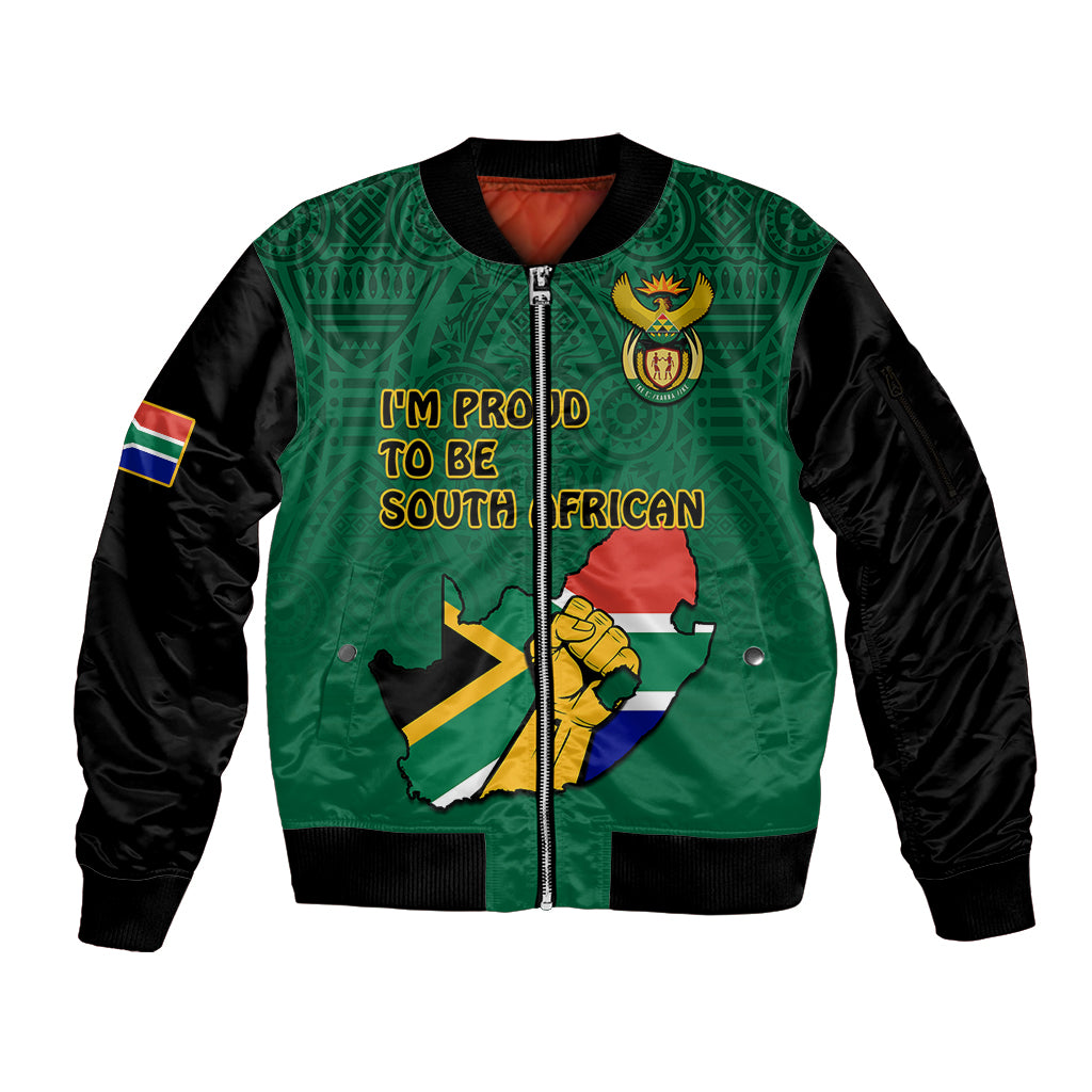 (Custom Personalised) South Africa Sleeve Zip Bomber Jacket African Pattern Happy Freedom Day Green Version - Wonder Print Shop