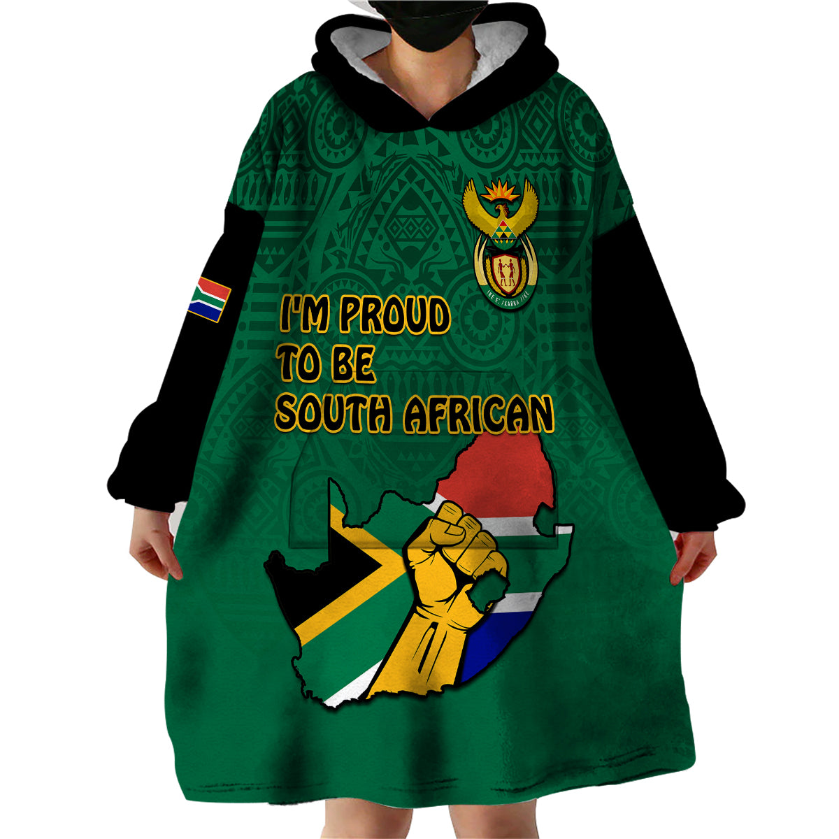(Custom Personalised) South Africa Wearable Blanket Hoodie African Pattern Happy Freedom Day Green Version - Wonder Print Shop