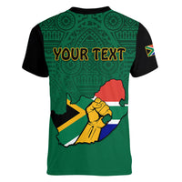 (Custom Personalised) South Africa Women V Neck T Shirt African Pattern Happy Freedom Day Green Version - Wonder Print Shop