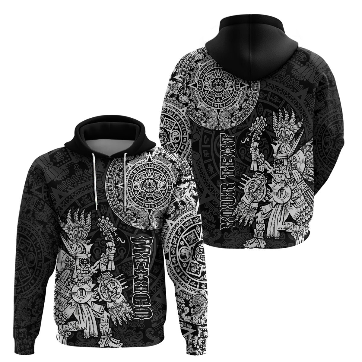Custom Mexico Aztec Hoodie El Calendario Maya Mix Huitzilopochtli Black - Wonder Print Shop