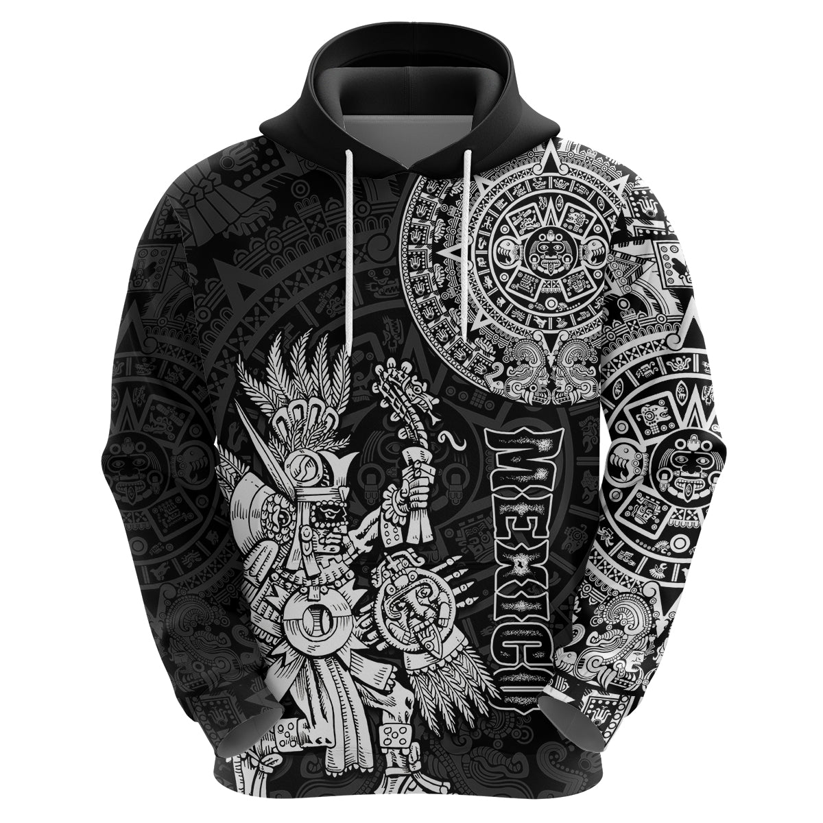 Custom Mexico Aztec Hoodie El Calendario Maya Mix Huitzilopochtli Black - Wonder Print Shop