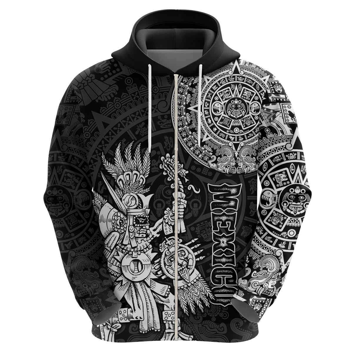 Custom Mexico Aztec Hoodie El Calendario Maya Mix Huitzilopochtli Black - Wonder Print Shop