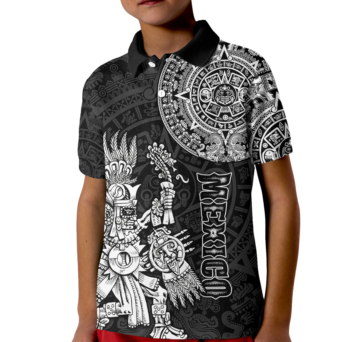 Custom Mexico Aztec Polo Shirt for Kid El Calendario Maya Mix Huitzilopochtli Black - Wonder Print Shop