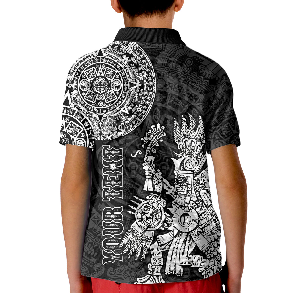 Custom Mexico Aztec Polo Shirt for Kid El Calendario Maya Mix Huitzilopochtli Black - Wonder Print Shop