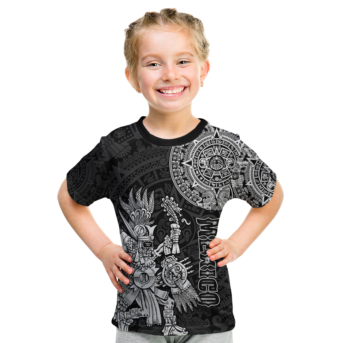(Custom Personalised) Mexico Aztec Kid T Shirt El Calendario Maya Mix Huitzilopochtli Black - Wonder Print Shop
