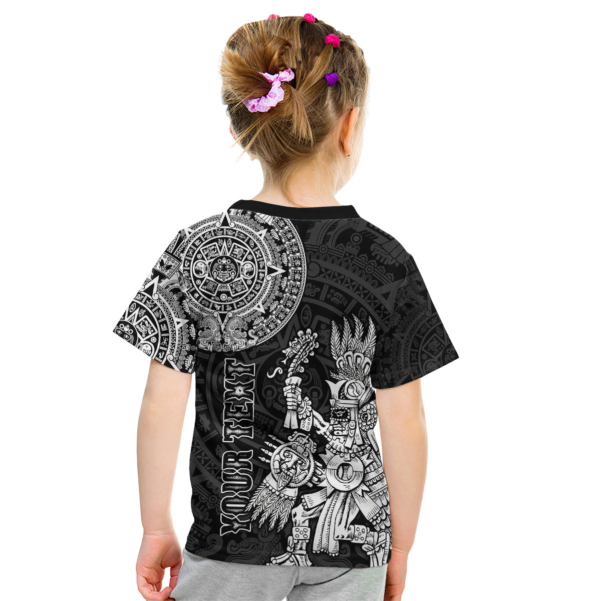 (Custom Personalised) Mexico Aztec Kid T Shirt El Calendario Maya Mix Huitzilopochtli Black - Wonder Print Shop