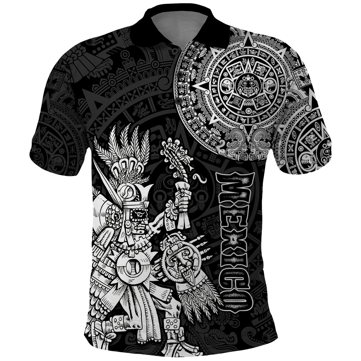 Custom Mexico Aztec Polo Shirt El Calendario Maya Mix Huitzilopochtli Black - Wonder Print Shop