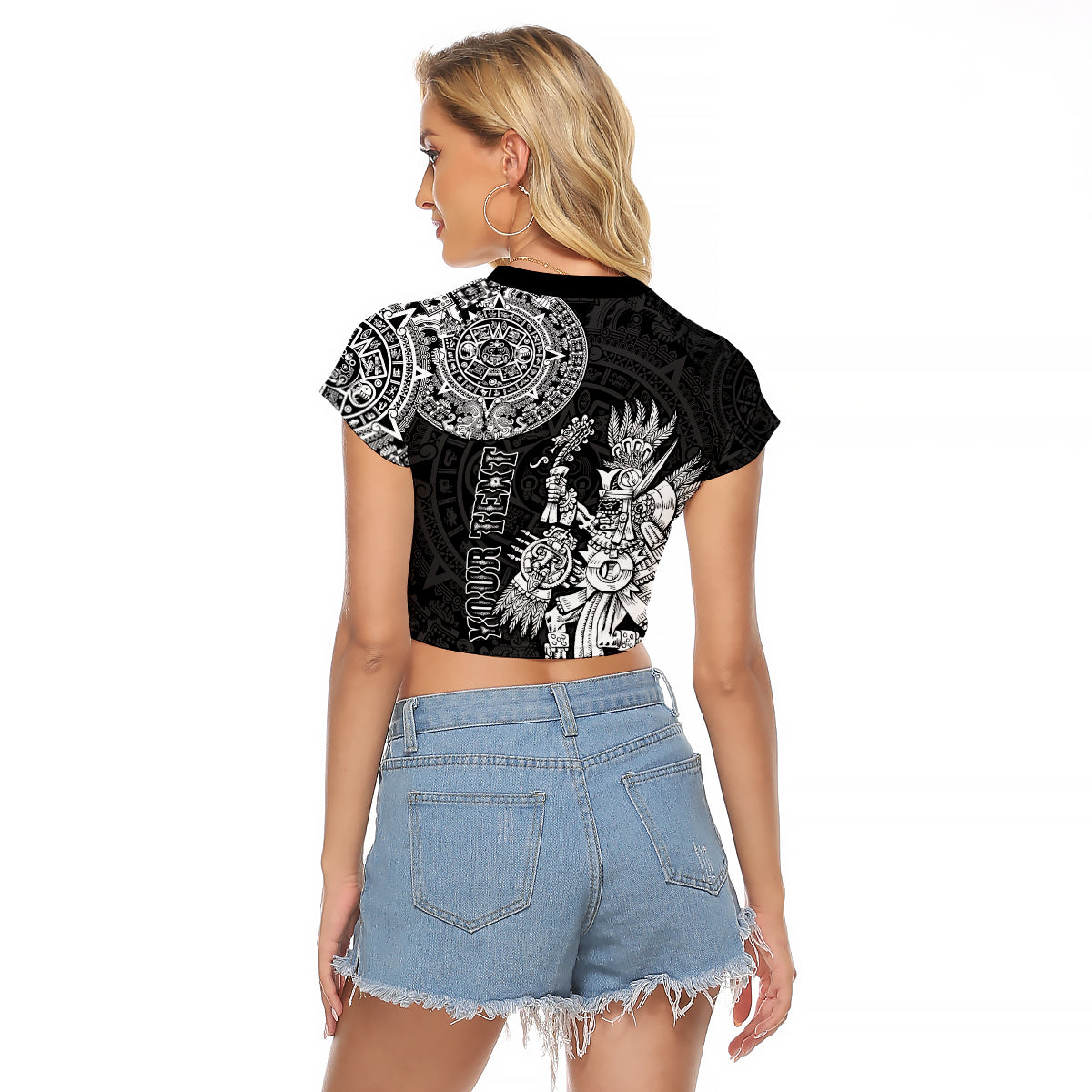 (Custom Personalised) Mexico Aztec Raglan Cropped T Shirt El Calendario Maya Mix Huitzilopochtli Black - Wonder Print Shop
