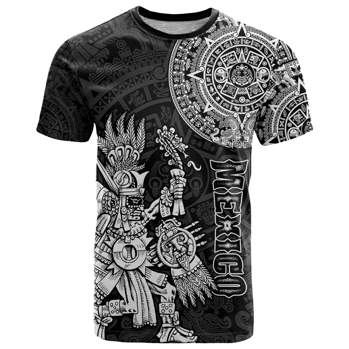 Custom Mexico Aztec T Shirt El Calendario Maya Mix Huitzilopochtli Black - Wonder Print Shop