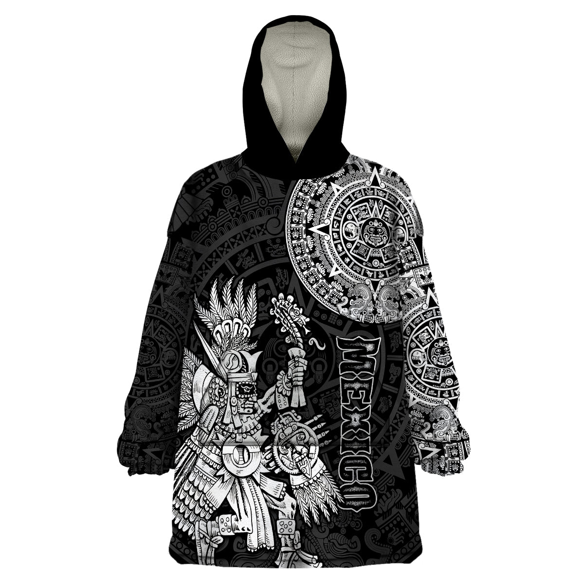 (Custom Personalised) Mexico Aztec Wearable Blanket Hoodie El Calendario Maya Mix Huitzilopochtli Black - Wonder Print Shop