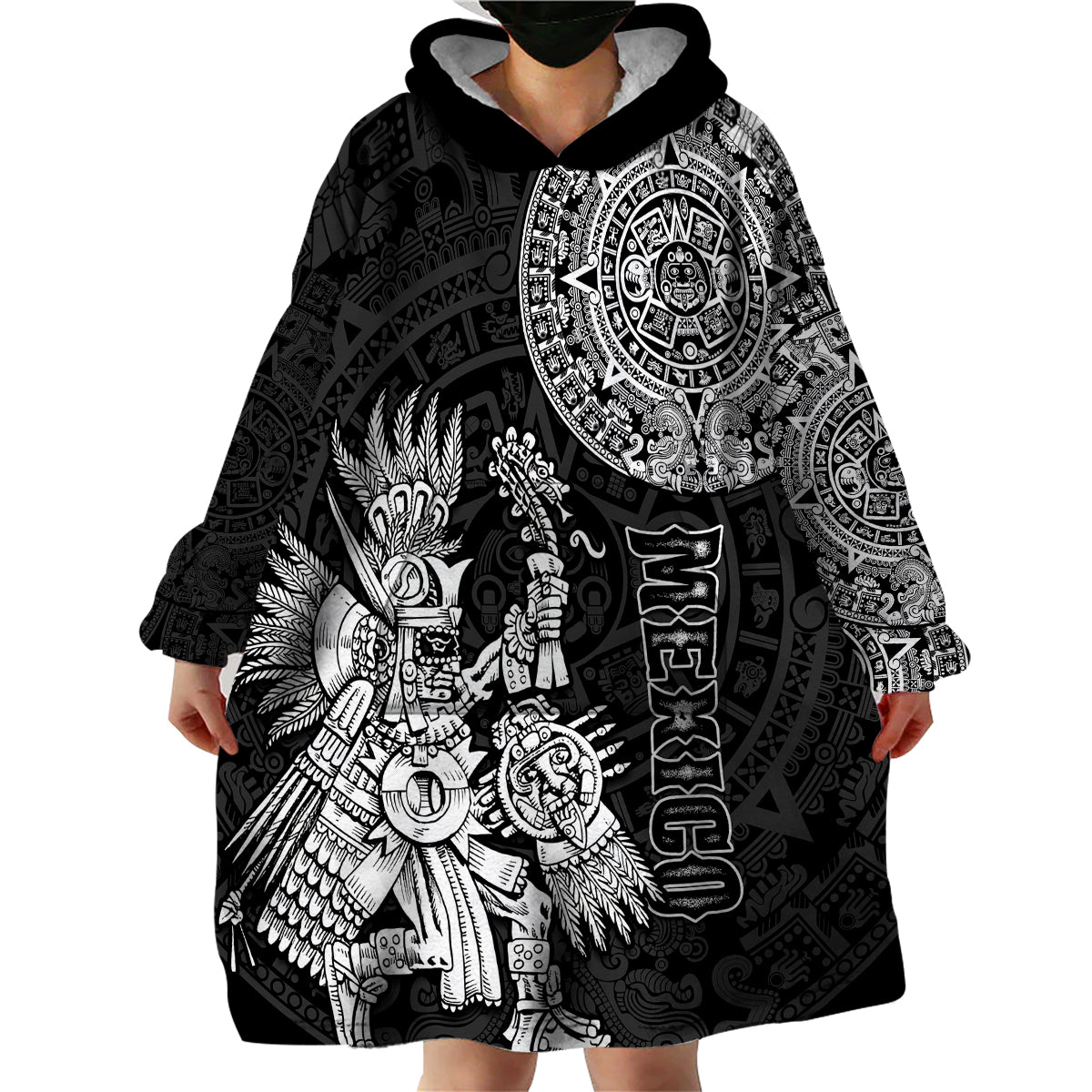 (Custom Personalised) Mexico Aztec Wearable Blanket Hoodie El Calendario Maya Mix Huitzilopochtli Black - Wonder Print Shop