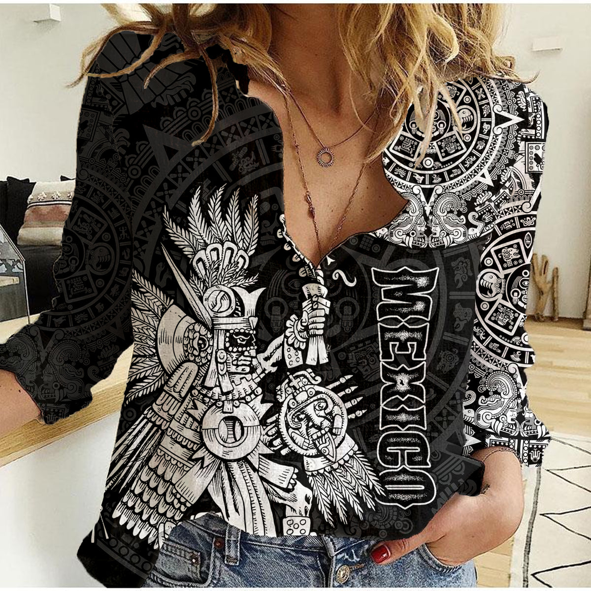 (Custom Personalised) Mexico Aztec Women Casual Shirt El Calendario Maya Mix Huitzilopochtli Black - Wonder Print Shop