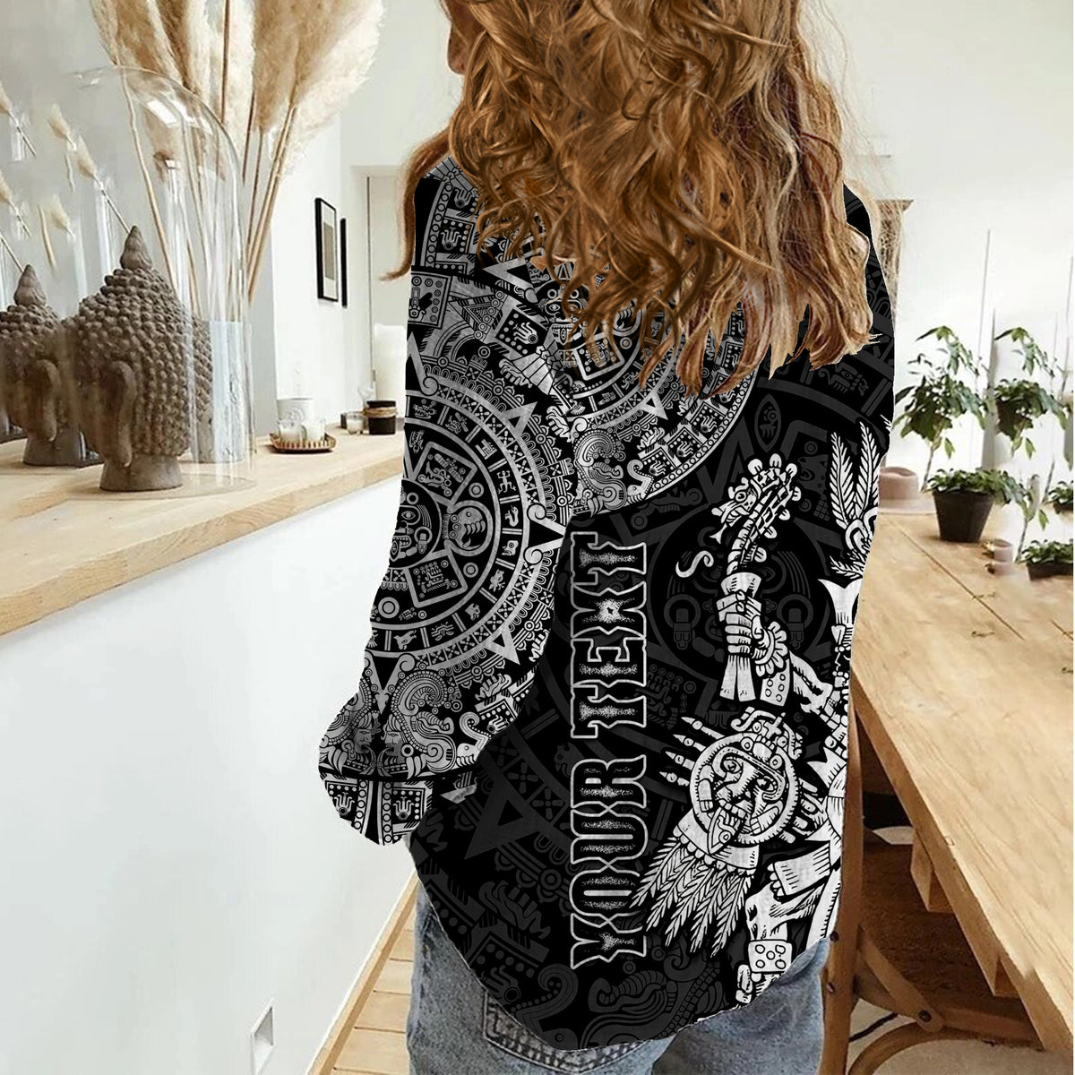 (Custom Personalised) Mexico Aztec Women Casual Shirt El Calendario Maya Mix Huitzilopochtli Black - Wonder Print Shop