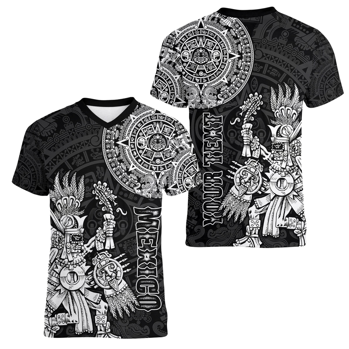 (Custom Personalised) Mexico Aztec Women V Neck T Shirt El Calendario Maya Mix Huitzilopochtli Black - Wonder Print Shop