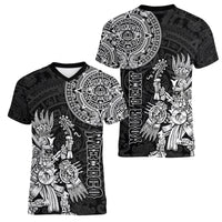 (Custom Personalised) Mexico Aztec Women V Neck T Shirt El Calendario Maya Mix Huitzilopochtli Black - Wonder Print Shop