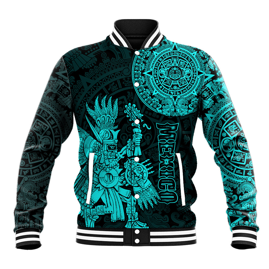 (Custom Personalised) Mexico Aztec Baseball Jacket El Calendario Maya Mix Huitzilopochtli Turquoise - Wonder Print Shop