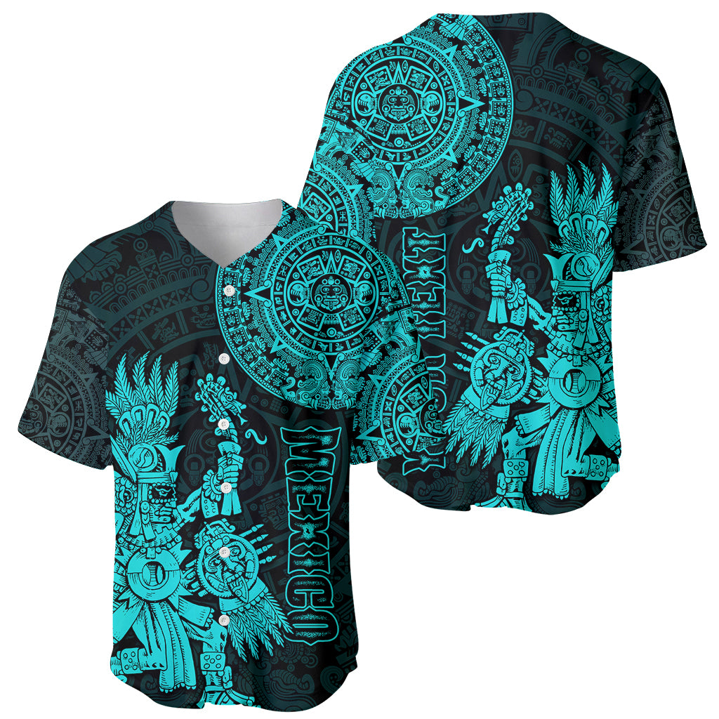 (Custom Personalised) Mexico Aztec Baseball Jersey El Calendario Maya Mix Huitzilopochtli Turquoise - Wonder Print Shop