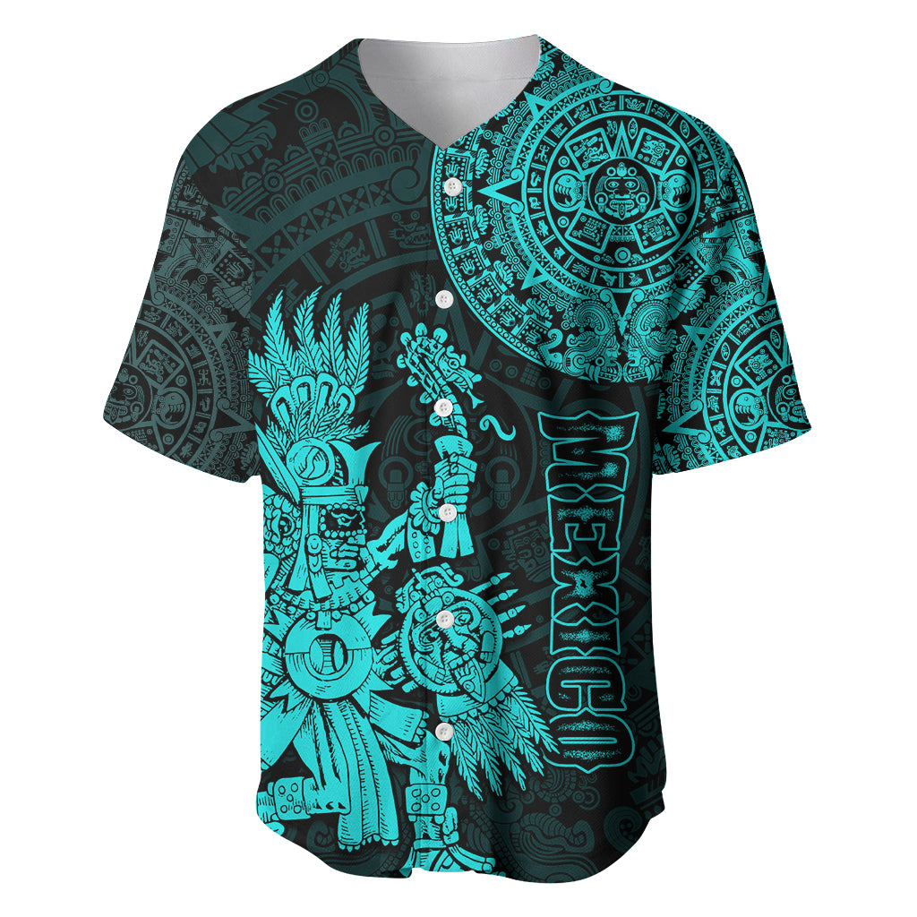 (Custom Personalised) Mexico Aztec Baseball Jersey El Calendario Maya Mix Huitzilopochtli Turquoise - Wonder Print Shop