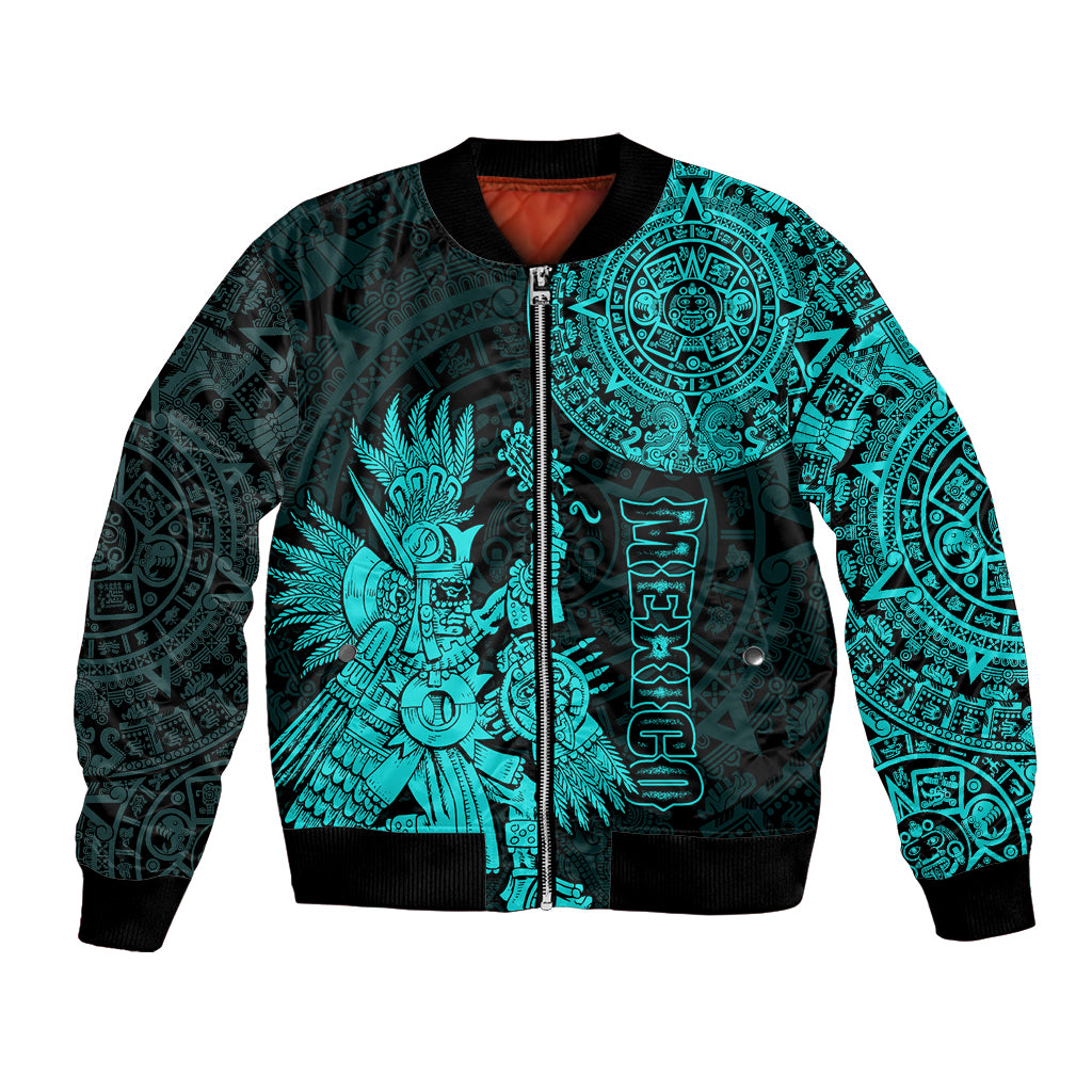 (Custom Personalised) Mexico Aztec Bomber Jacket El Calendario Maya Mix Huitzilopochtli Turquoise - Wonder Print Shop