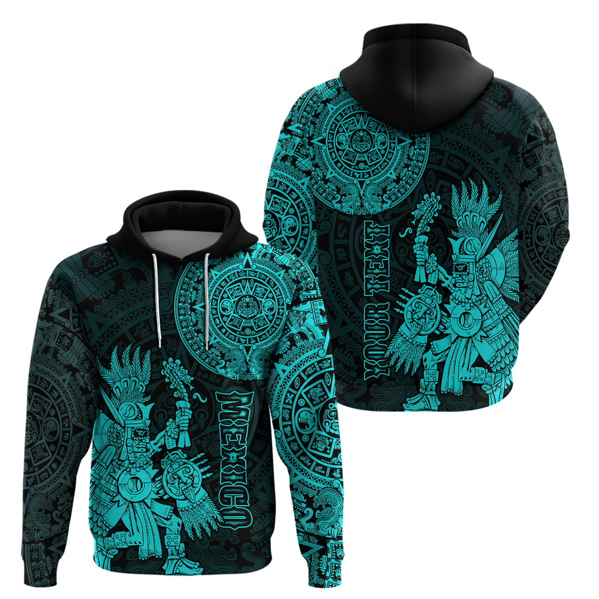 Custom Mexico Aztec Hoodie El Calendario Maya Mix Huitzilopochtli Turquoise - Wonder Print Shop