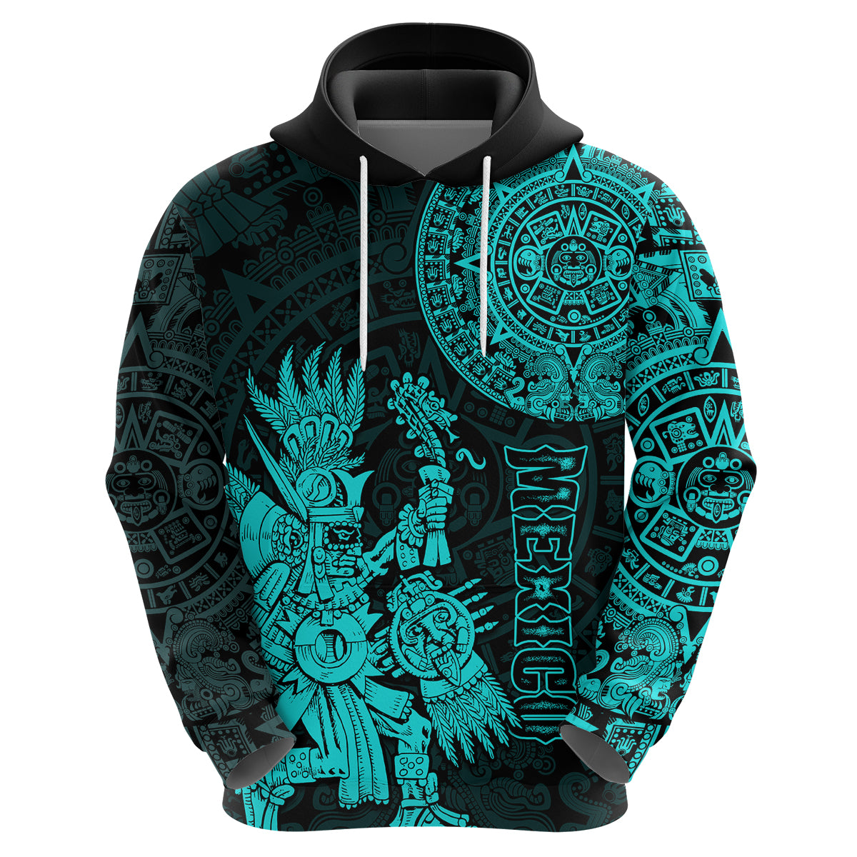 Custom Mexico Aztec Hoodie El Calendario Maya Mix Huitzilopochtli Turquoise - Wonder Print Shop