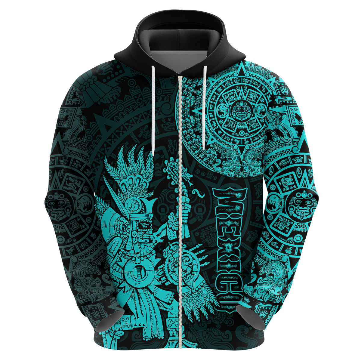 Custom Mexico Aztec Hoodie El Calendario Maya Mix Huitzilopochtli Turquoise - Wonder Print Shop