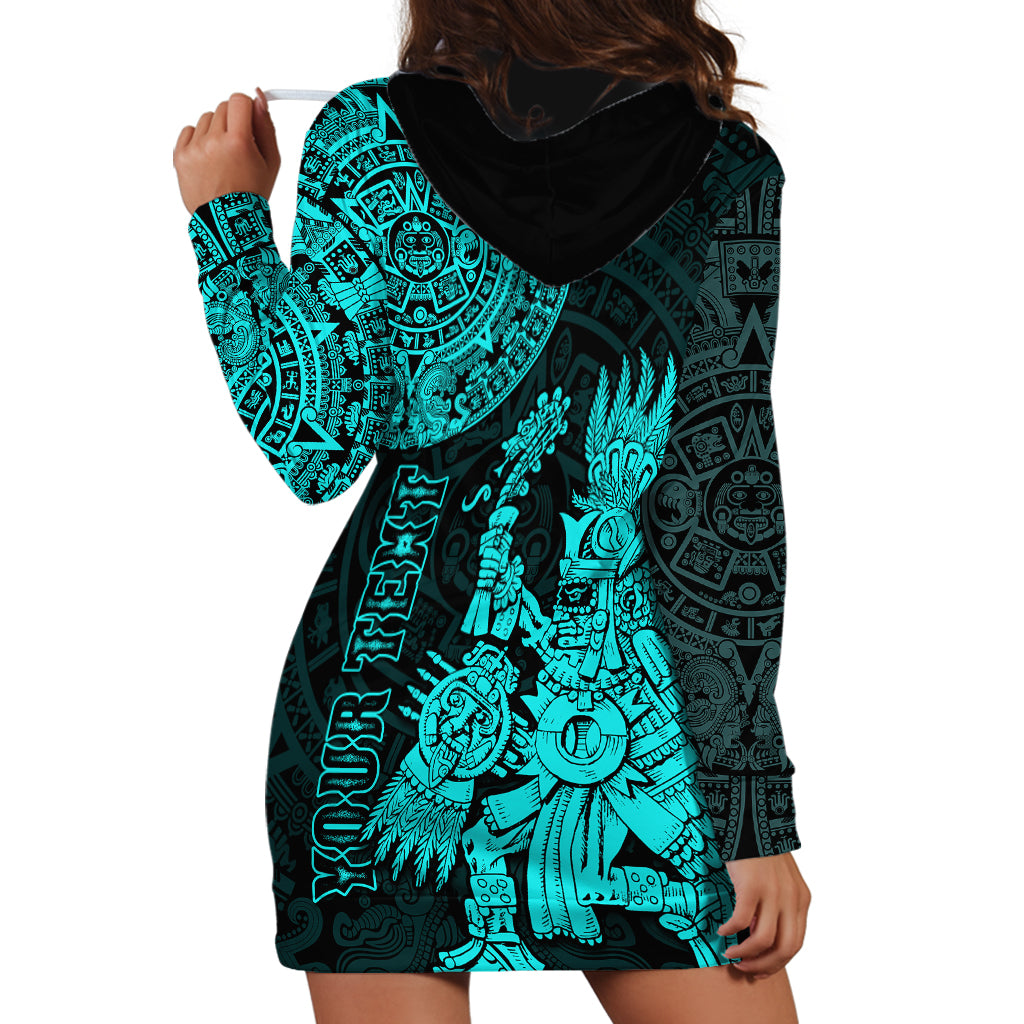 (Custom Personalised) Mexico Aztec Hoodie Dress El Calendario Maya Mix Huitzilopochtli Turquoise - Wonder Print Shop