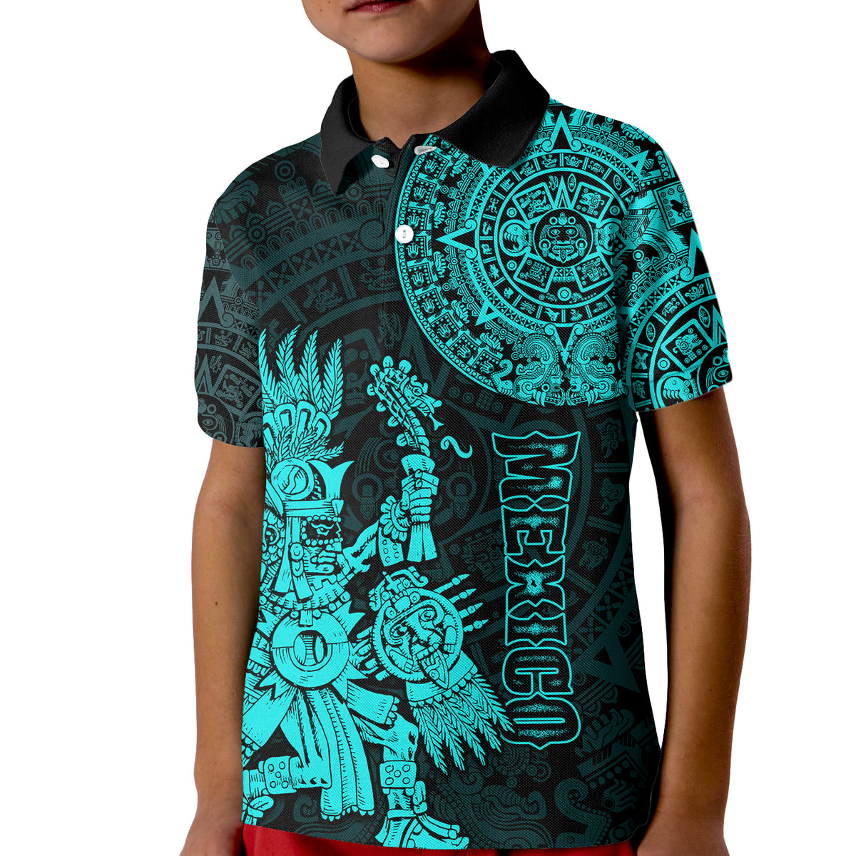 Custom Mexico Aztec Polo Shirt for Kid El Calendario Maya Mix Huitzilopochtli Turquoise - Wonder Print Shop