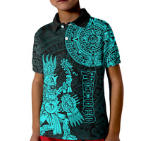 Custom Mexico Aztec Polo Shirt for Kid El Calendario Maya Mix Huitzilopochtli Turquoise - Wonder Print Shop