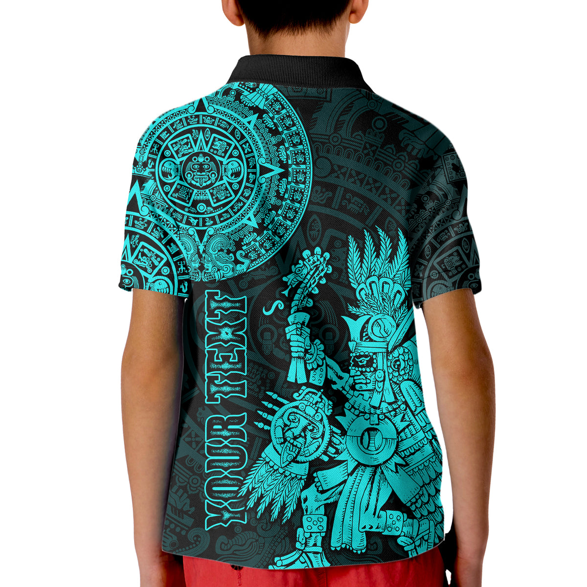 Custom Mexico Aztec Polo Shirt for Kid El Calendario Maya Mix Huitzilopochtli Turquoise - Wonder Print Shop