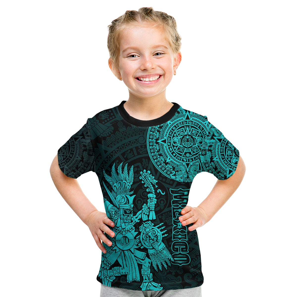 (Custom Personalised) Mexico Aztec Kid T Shirt El Calendario Maya Mix Huitzilopochtli Turquoise - Wonder Print Shop