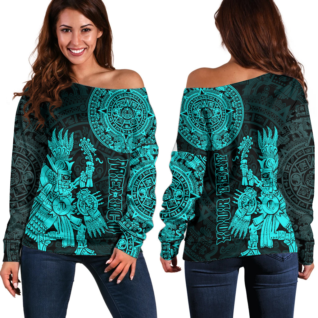 (Custom Personalised) Mexico Aztec Off Shoulder Sweater El Calendario Maya Mix Huitzilopochtli Turquoise - Wonder Print Shop