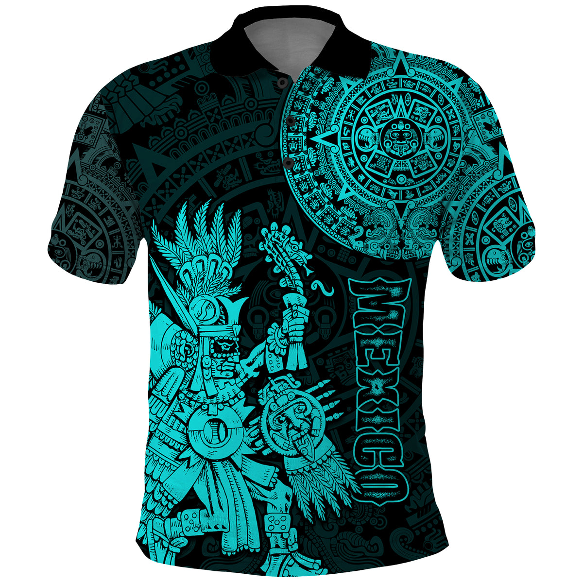 Custom Mexico Aztec Polo Shirt El Calendario Maya Mix Huitzilopochtli Turquoise - Wonder Print Shop