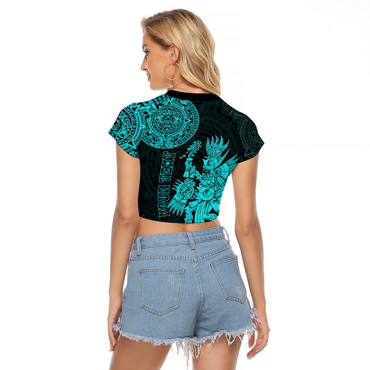 (Custom Personalised) Mexico Aztec Raglan Cropped T Shirt El Calendario Maya Mix Huitzilopochtli Turquoise - Wonder Print Shop