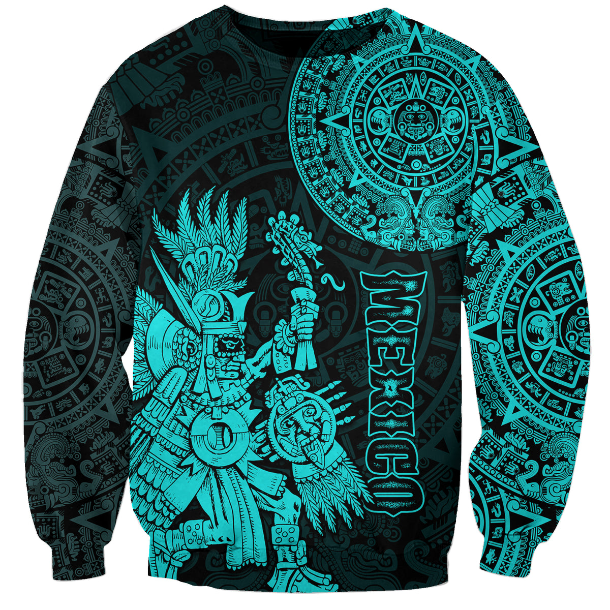 (Custom Personalised) Mexico Aztec Sweatshirt El Calendario Maya Mix Huitzilopochtli Turquoise - Wonder Print Shop