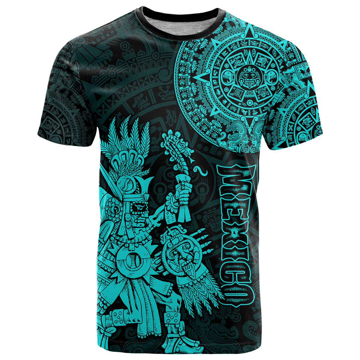 Custom Mexico Aztec T Shirt El Calendario Maya Mix Huitzilopochtli Turquoise - Wonder Print Shop
