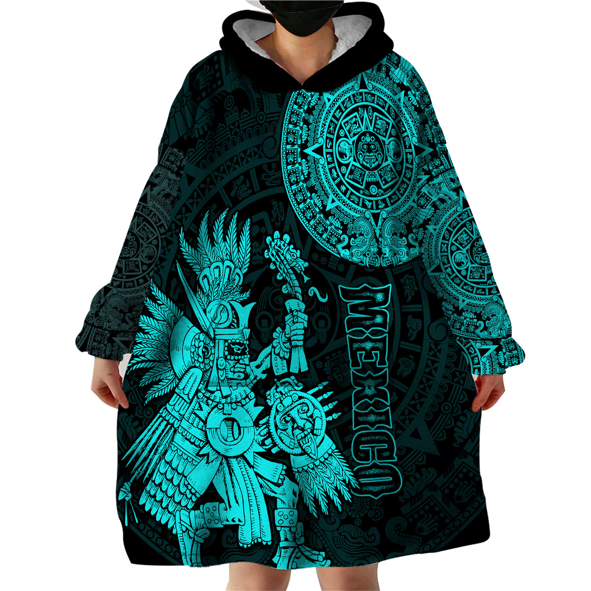 (Custom Personalised) Mexico Aztec Wearable Blanket Hoodie El Calendario Maya Mix Huitzilopochtli Turquoise - Wonder Print Shop