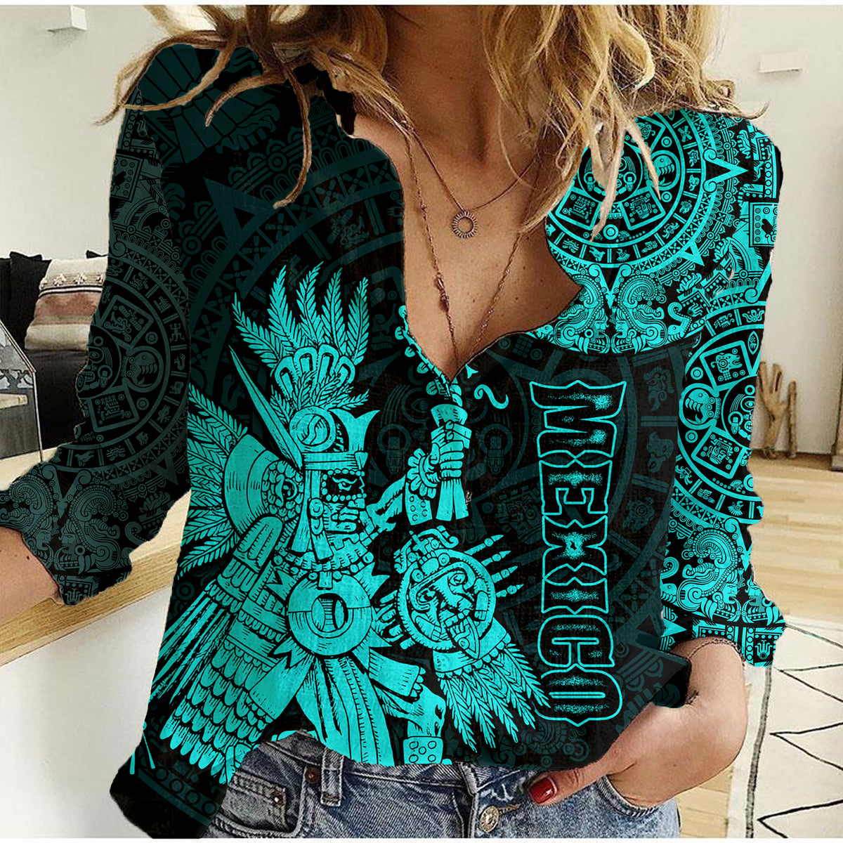 (Custom Personalised) Mexico Aztec Women Casual Shirt El Calendario Maya Mix Huitzilopochtli Turquoise - Wonder Print Shop