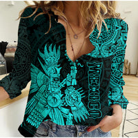 (Custom Personalised) Mexico Aztec Women Casual Shirt El Calendario Maya Mix Huitzilopochtli Turquoise - Wonder Print Shop