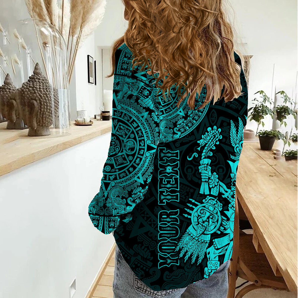 (Custom Personalised) Mexico Aztec Women Casual Shirt El Calendario Maya Mix Huitzilopochtli Turquoise - Wonder Print Shop