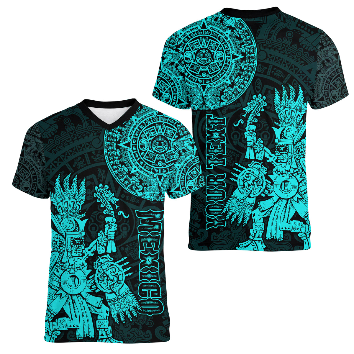 (Custom Personalised) Mexico Aztec Women V Neck T Shirt El Calendario Maya Mix Huitzilopochtli Turquoise - Wonder Print Shop