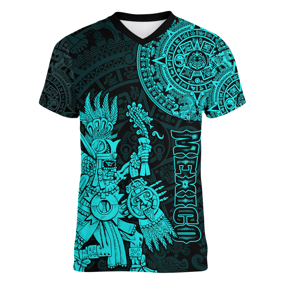 (Custom Personalised) Mexico Aztec Women V Neck T Shirt El Calendario Maya Mix Huitzilopochtli Turquoise - Wonder Print Shop