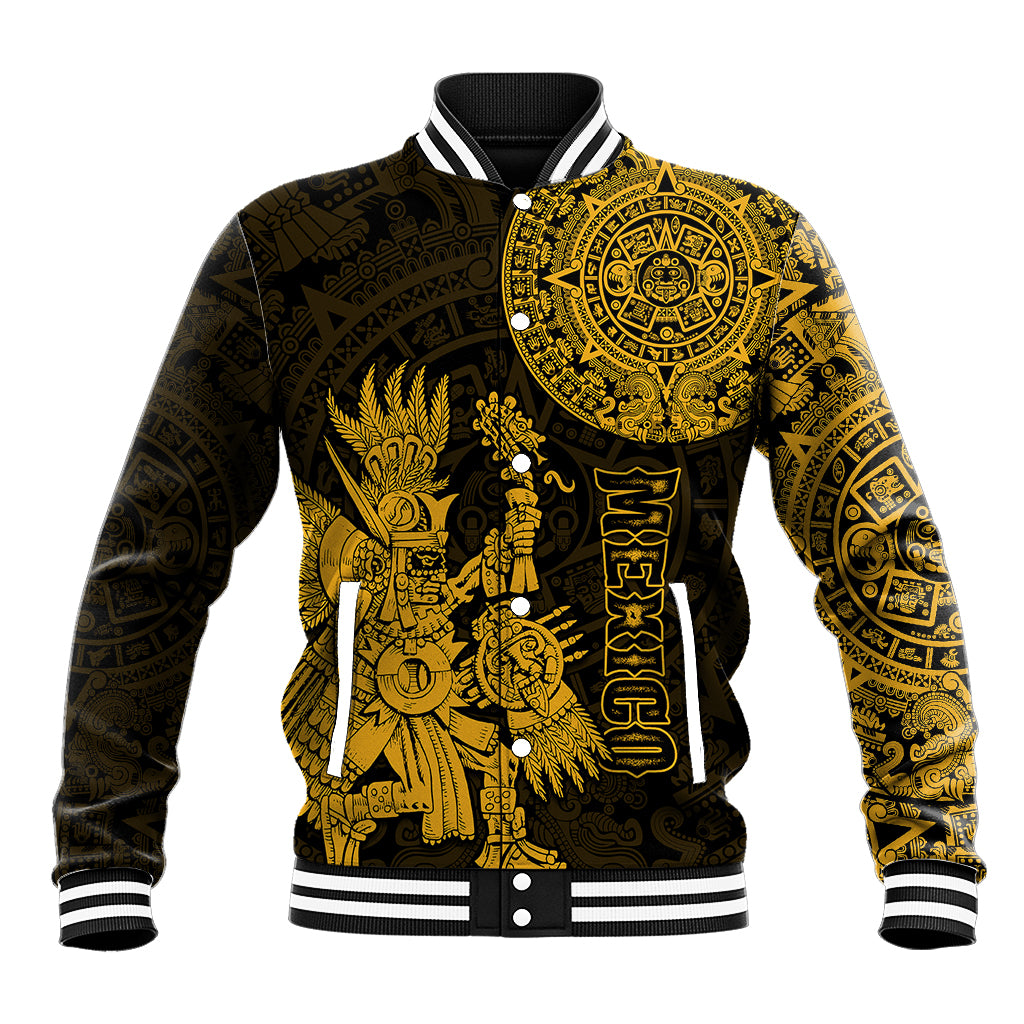 (Custom Personalised) Mexico Aztec Baseball Jacket El Calendario Maya Mix Huitzilopochtli Gold - Wonder Print Shop
