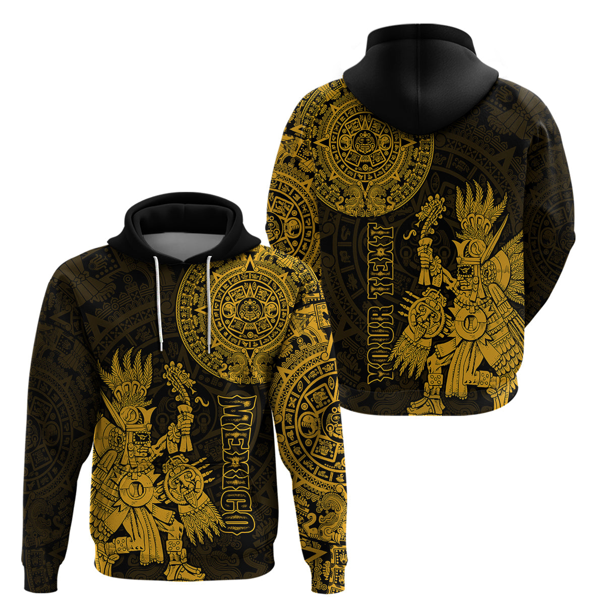 Custom Mexico Aztec Hoodie El Calendario Maya Mix Huitzilopochtli Gold - Wonder Print Shop