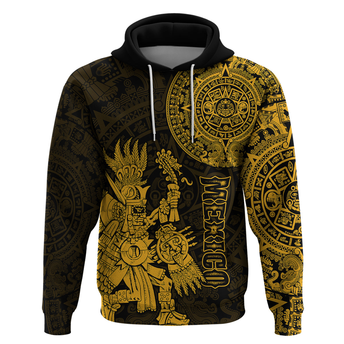 Custom Mexico Aztec Hoodie El Calendario Maya Mix Huitzilopochtli Gold - Wonder Print Shop