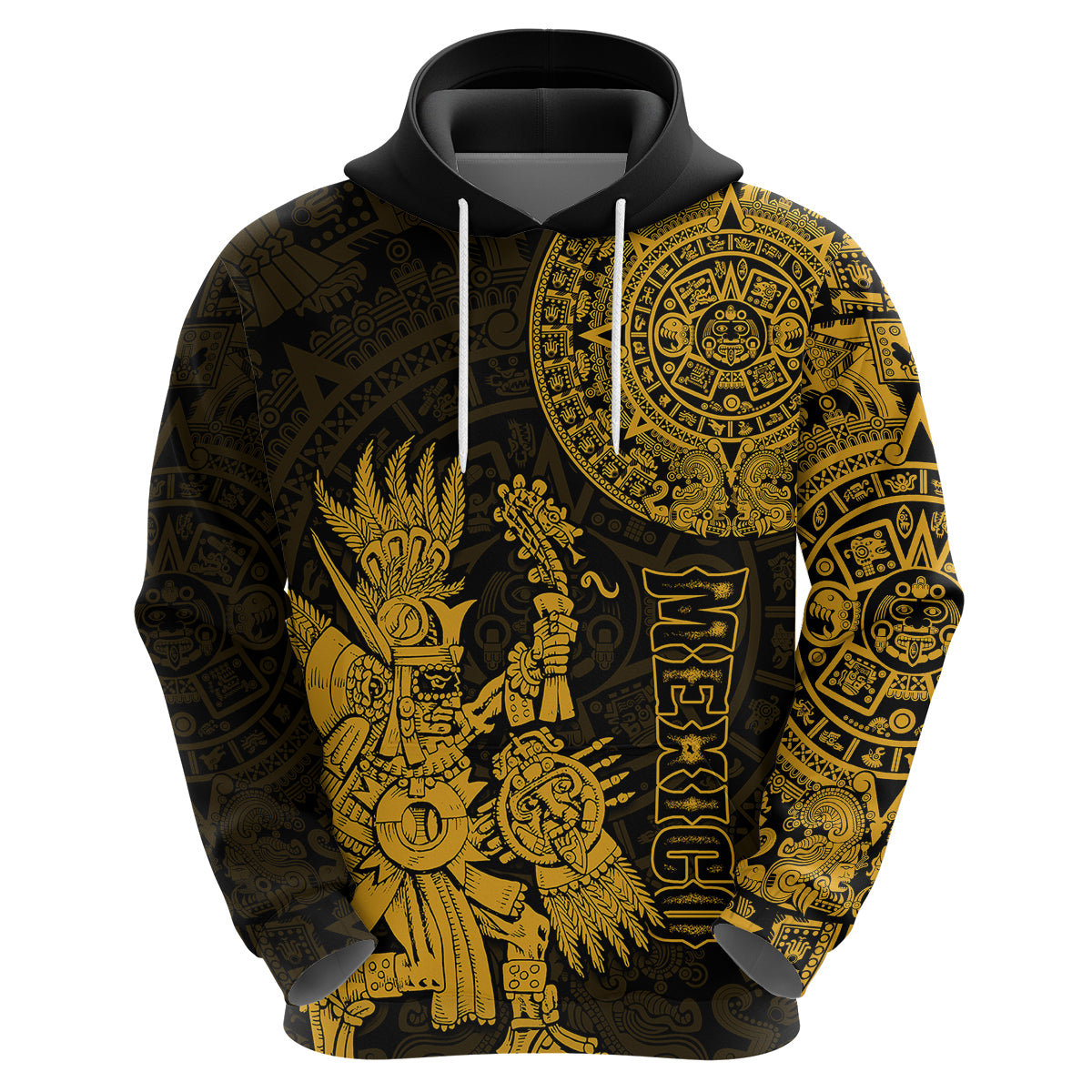Custom Mexico Aztec Hoodie El Calendario Maya Mix Huitzilopochtli Gold - Wonder Print Shop