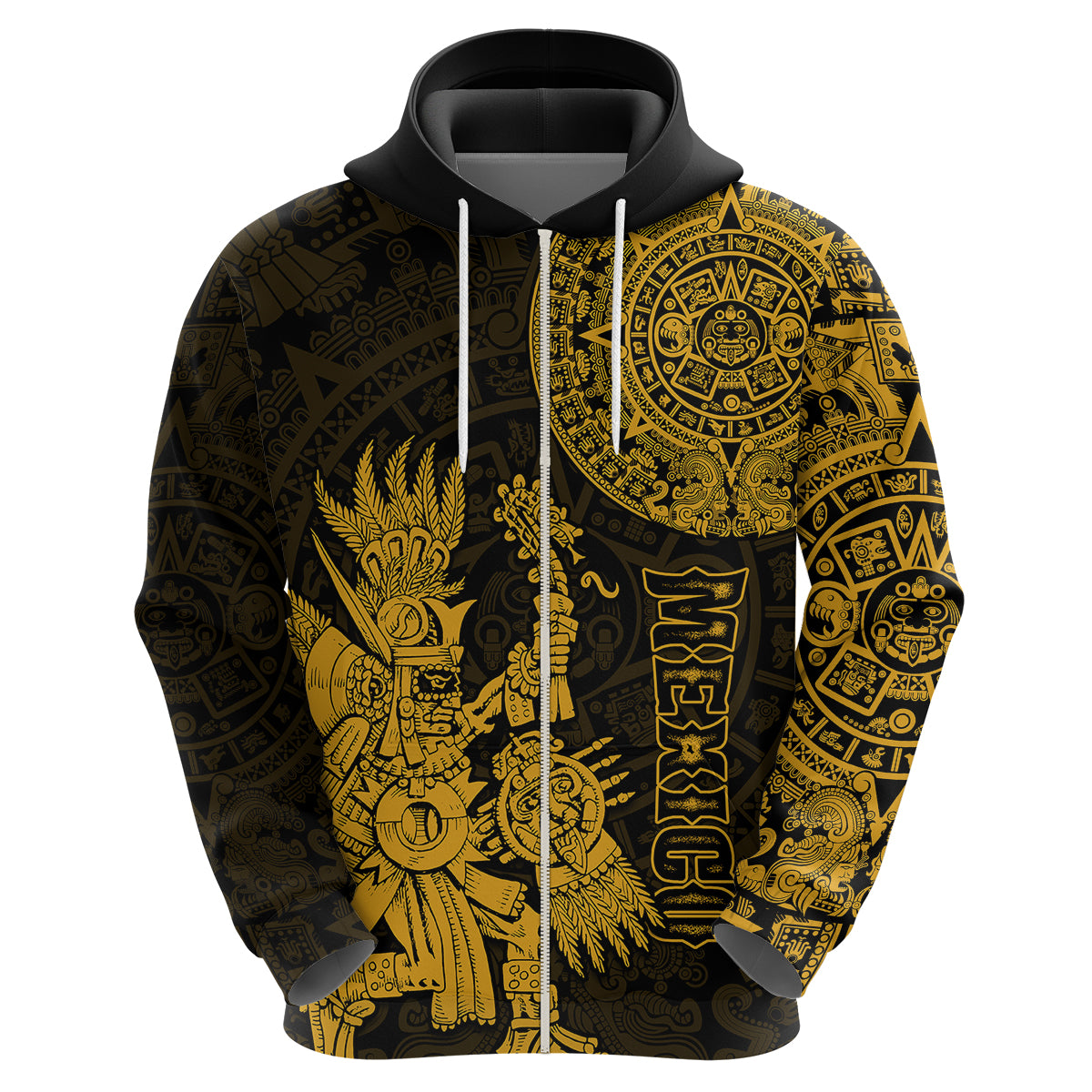 Custom Mexico Aztec Hoodie El Calendario Maya Mix Huitzilopochtli Gold - Wonder Print Shop