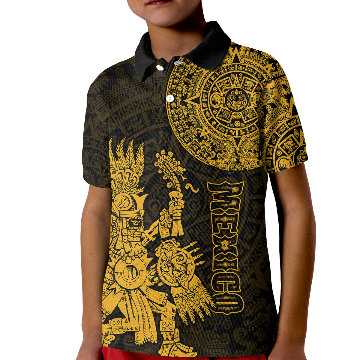 Custom Mexico Aztec Polo Shirt for Kid El Calendario Maya Mix Huitzilopochtli Gold - Wonder Print Shop