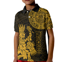 Custom Mexico Aztec Polo Shirt for Kid El Calendario Maya Mix Huitzilopochtli Gold - Wonder Print Shop
