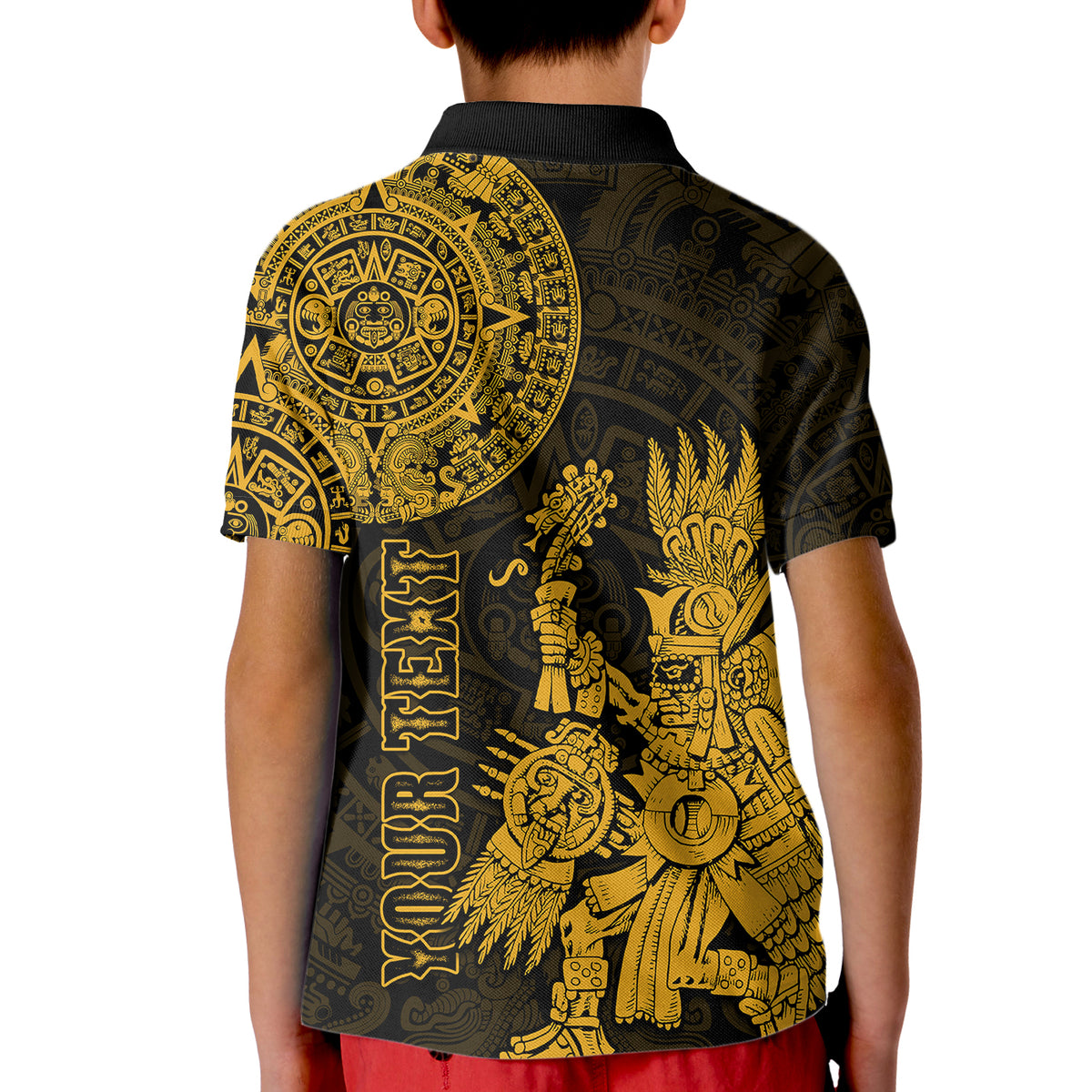 Custom Mexico Aztec Polo Shirt for Kid El Calendario Maya Mix Huitzilopochtli Gold - Wonder Print Shop